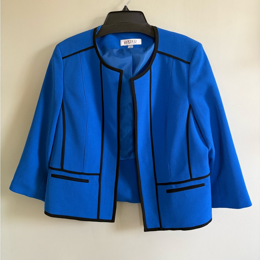 Kasper Women's Cobalt Blue Open-Front Jacket with Black Piping - Picture 2 of 9
